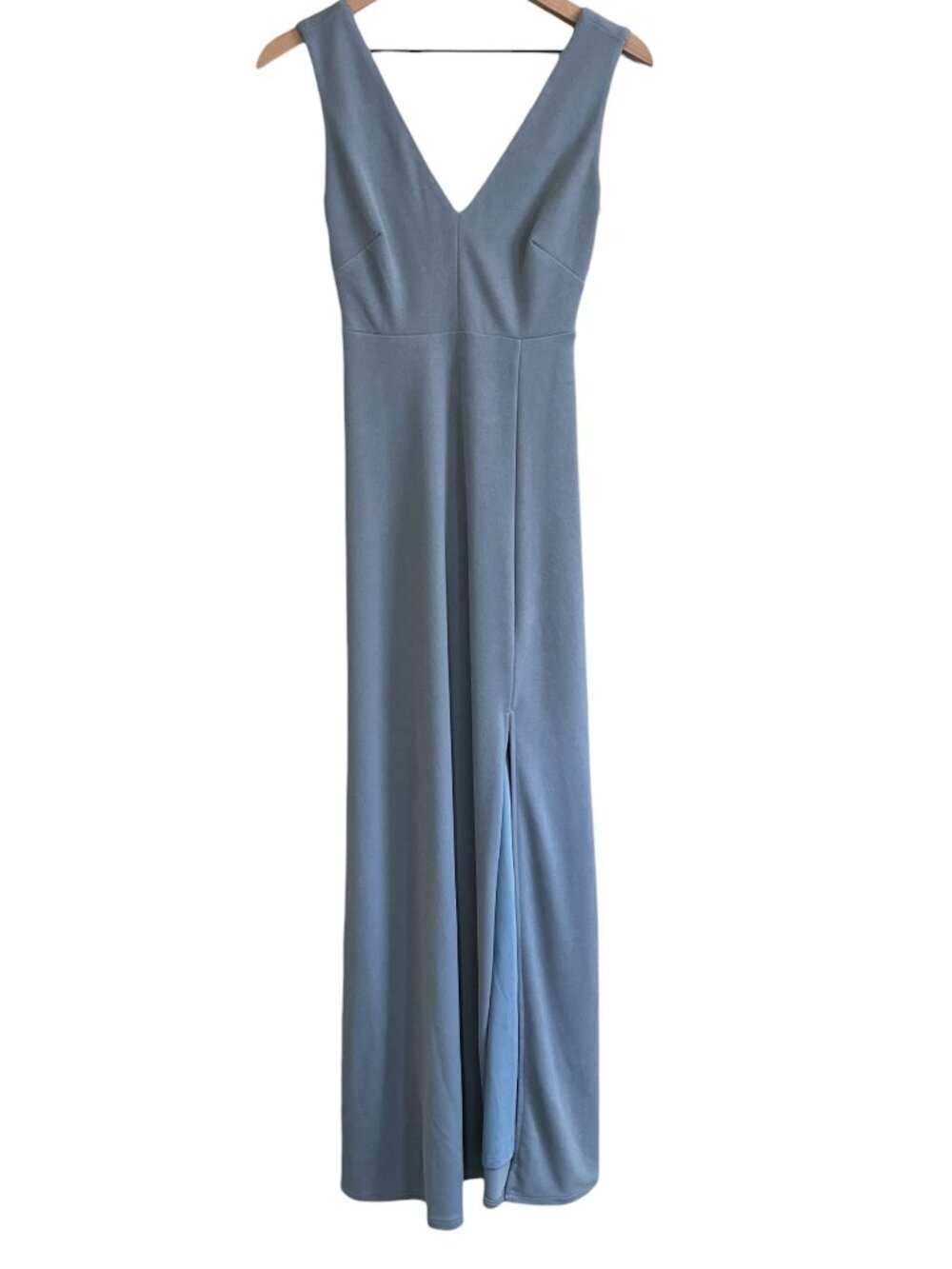 Birdy Grey Dusty Blue Shamin V-Neck Crepe Slit Maxi Dress